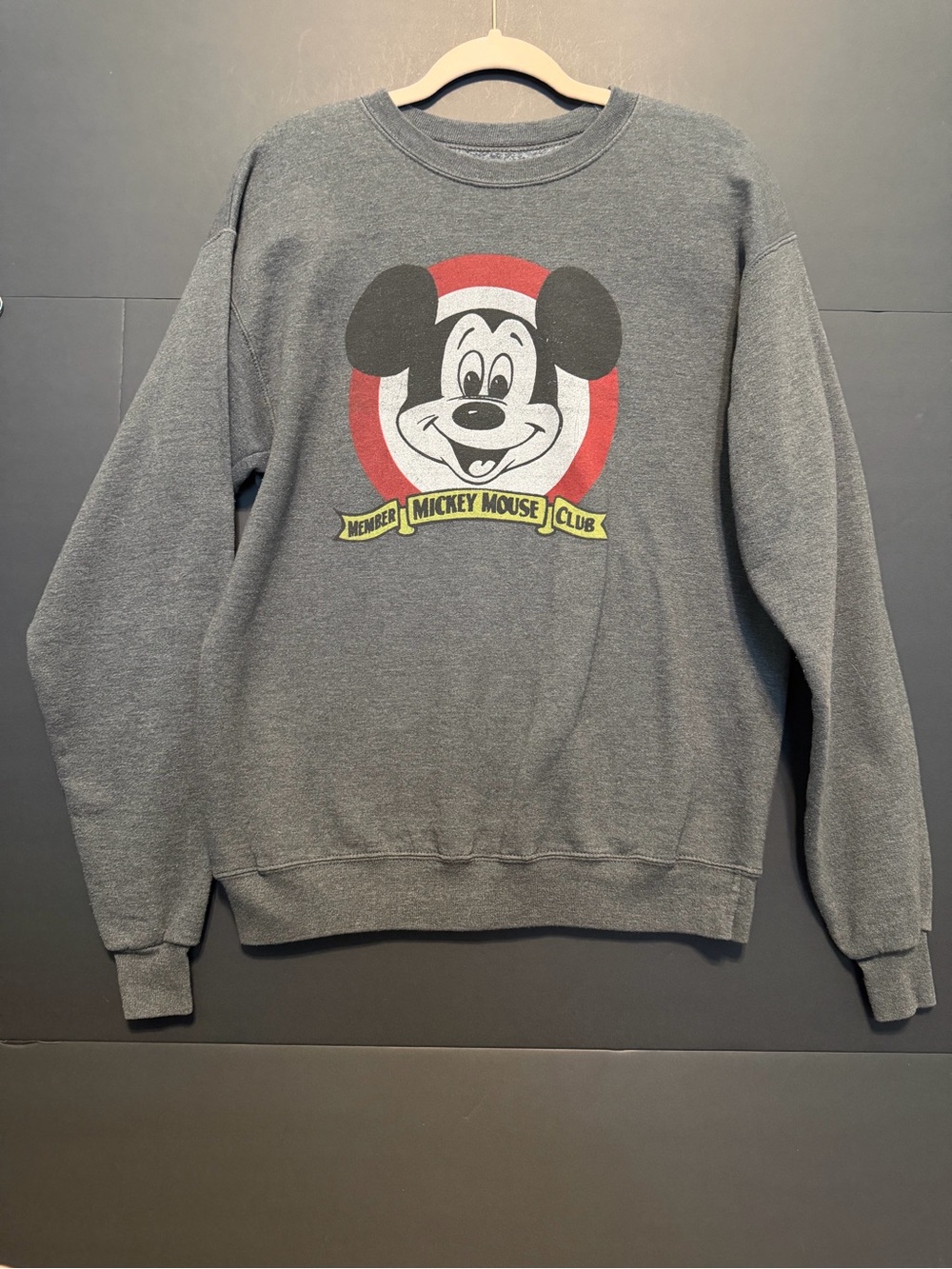 Disney Gray Crewneck Sweatshirt with Mickey Mouse Graphic and Red Accent